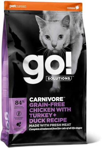 Go! Solutions Carnivore Chicken, Turkey + Duck Grain-Free Dry Cat Food, Our Highest-Protein Kibble Made with Real Meat & Fish, Cranberries for Urinary Health, for Kittens, Adults & Seniors, 16 lb Bag