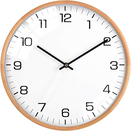 Driini Analog Dome Glass Wall Clock (12) - Wood Frame with White, Modern Face - Battery Operated with Non Ticking Hands - Large Decorative Clocks for Classroom, Office, Living Room, or Bedrooms.