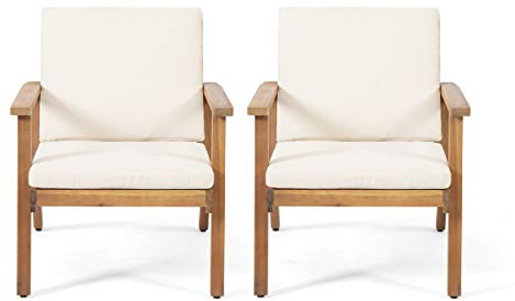 Christopher Knight Home Carlos Outdoor Acacia Wood Club Chairs with Cushions (Set of 2), Brown Patina Finish, Cream