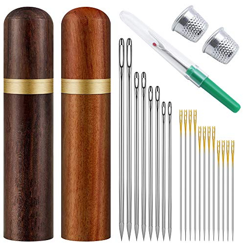 UBERMing Leder Nadel Set 2 Stücke Nadeln Box aus Holz mit Hand Nähen Nadel Große Augen Nähnadeln Fingerhut Nahttrenner für Leder Handwerk Hand Nähen Stricken