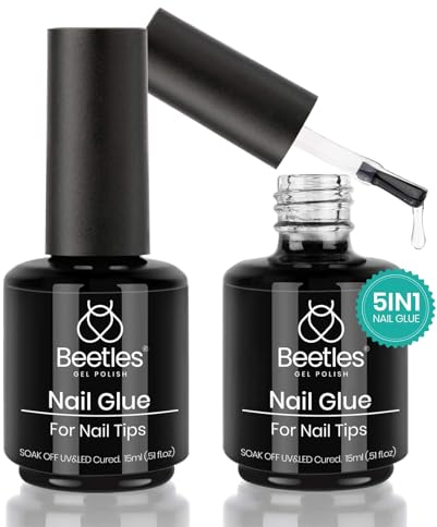 beetles Gel Polish 5 In 1 Nail Glue Kit for Acrylic Nails,2 Pcs 15ml Super Strong Brush in Nail Gel Glue for False Nails Tips and Gel Nail Polish Led Lamp Required Nail Art Gift