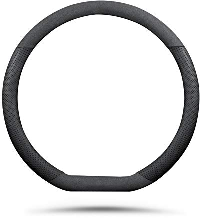 Ergocar Auto Lenkradbezug Rutschfester Auto Lenkradschutz D-Form Wildleder + Mikrofaser PU-Leder für D-Form Lenkradbezug Durchmesser 38cm (15 ) (Schwarz)