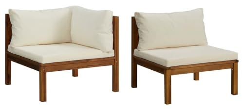 vidaXL Akazienholz Massiv Gartenmöbel 2-TLG. mit Cremeweißen Kissen Mittelsofa Ecksofa Sofa Lounge Sitzgruppe Garten Garnitur Gartenset Gartensofa