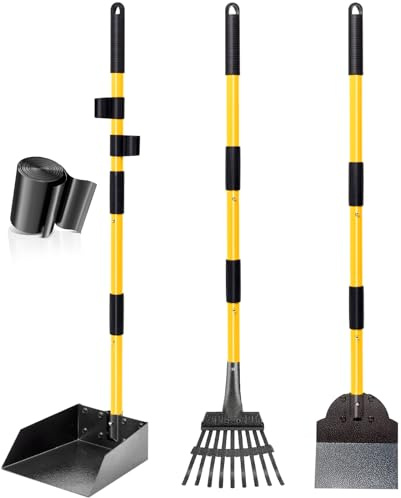 Bandeja para excrementos de perro, kit de rastrillo y pala, pala resistente con mango largo de metal ajustable, parte superior portátil grande con 10 bolsas de basura para patio, paseos, césped y