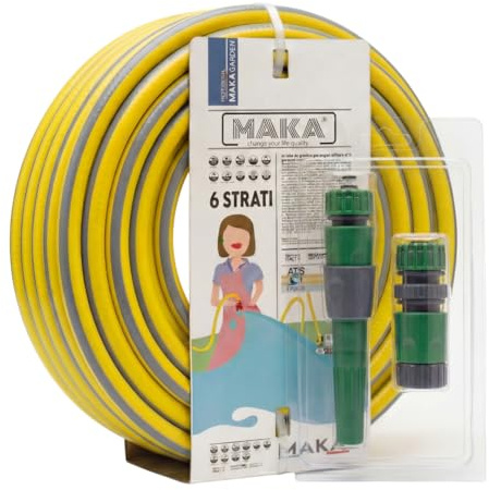 MAKA Kit Tubo Acqua Giardino 1/2 Pollice 12.5mm con Accessori Innesto Rapido Pressione 40 Bar 6 Strati Flessibile con Doppio Rinforzo Retinato Antitorsione Resiste Caldo Gelo UV Riciclabile (50 mt)