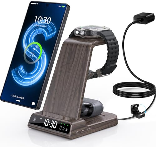 Induktive Ladestation für Samsung, 3 in 1 Ladegerät mit Digitaluhr | Wireless Charger für Samsung Galaxy S25/S24/S23, Kabelloses Ladegerät für Samsung Galaxy Watch 8/7/Ultra, Buds, Holz Maserung