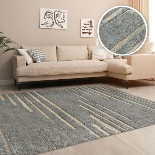 TT Home Wohnzimmer Teppich Hochflor Langflor Schlafzimmer Boho 3D Skandi Design Modern Unifarben, Farbe:Grau Beige, Größe:160x220 cm