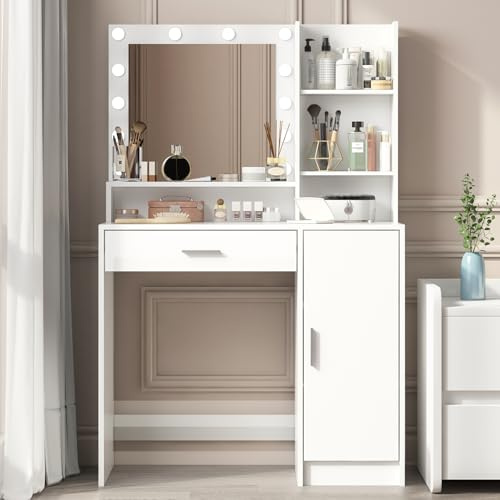 Palimder Vanity Desk with Mirror and Light, Large Drawer and Three Level Storage Dresser, 3 Lighting Modes Adjustable Brightness, Bedroom Dressing Table (White)