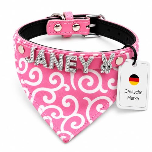 Bandana-Hundehalsband & Halstuch, rosa – Gr. S (24-30cm), Strass-Name | Hochwertiges, robustes Lederhalsband für Hunde. Klassischer Look aus Rindsleder. Individuell personalisierbar mit Gravur.