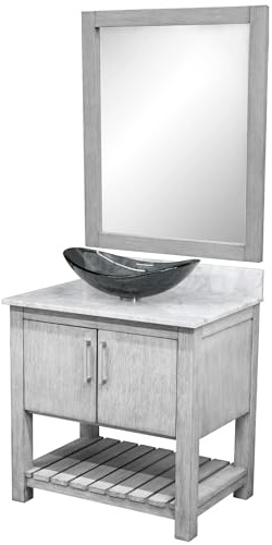 Miseno MV-30SG-NOBV-CAR-324G-MIR 30 Free Standing Single Basin Vanity Set with Cabinet, Marble Vanity Top, Oval Glass Vessel Sink and Mirror - Stonewash Grey/Carrara White Top/Brushed Nickel