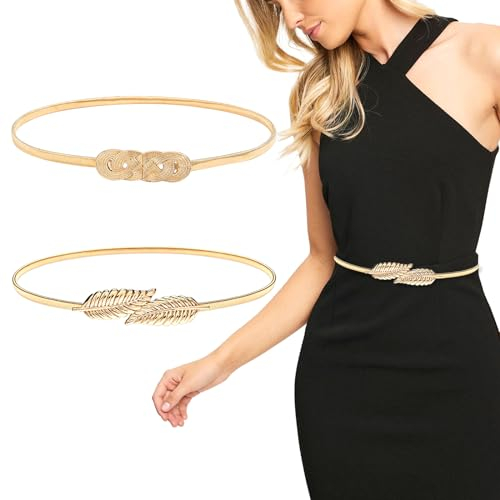ZYKORT 2 Stück Gürtel Damen Gold, Metall Elastischer Taillengürtel Stretchgürtel, Schmaler Gürtel für Kleid, Anzug, Hemd