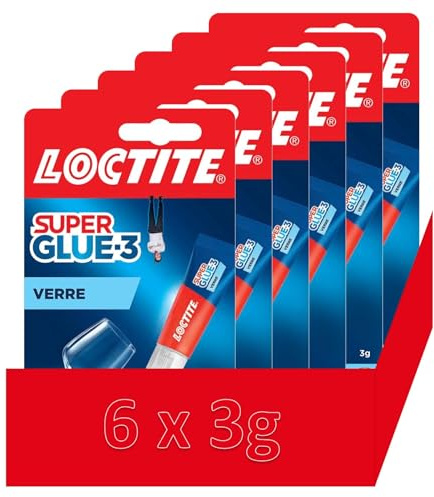 Super Glue-3 Verre, colle puissante pour des liaisons verre sur verre, colle liquide résistante à l'eau et aux détergents, transparente (6 x 3g)