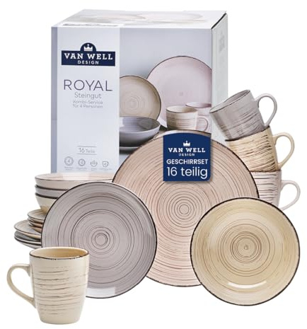 van Well Royal Geschirrset für 4 Personen – 16-teiliges klassisches Steingut Kombi-Service Grey, Sand, Pink, Beige – Geschirr Set mit runder Form – Für die perfekte gedeckte Tafel