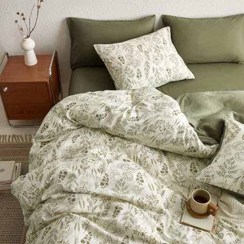 Tospass Bettwäsche 155x220 Blumen Olivgrün Floral Pflanzen Bettwäsche Set