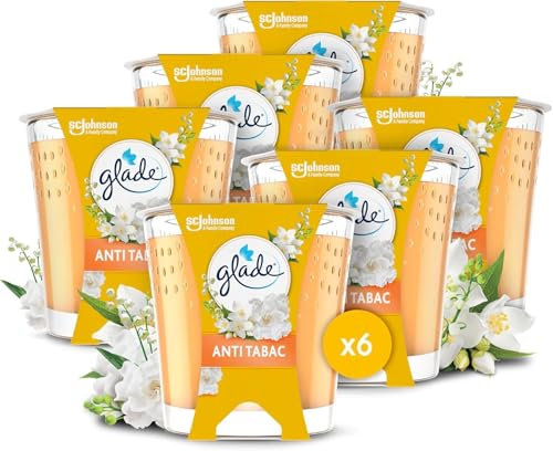 Glade Bougie Vegan Parfum Infusé Huiles Essentielles - Nouvelle Formule Sans Huile De Palme - Anti-Tabac - 6 Bougies