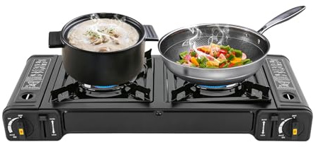 Réchaud à gaz de camping portable, 2 feux, noir, avec plaque de cuisson – Fonte d'aluminium, couvercle amovible