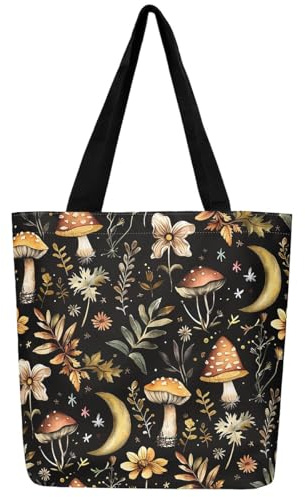 Loussiesd Svamp resa strandväska söt svamp kanvas tygväskor för kvinnor gåvor Kawaii svamp återanvändbar matkasse för shopping gym vild svamp saker, Gulbrunt, 50x40cm