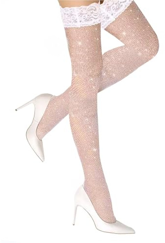 Nätstrumpor, stay-lösa strumpor, dam stay-nätstrumpor, nätstrumpbyxor glitter fisknätstrumpbyxor, sexiga damstrumpor, glitter med elastisk spets, Vit, one size