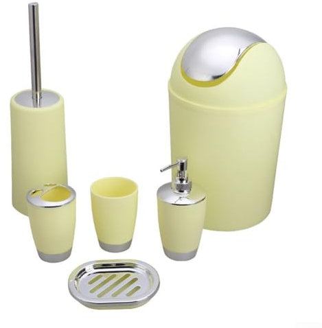 6Pcs Plastic Bathroom Accessory Set, Bath Set Lotion Bottles,Toothbrush Holder,Tooth Mug,Soap Dish,Toilet Brush,Rubbish(yellow)