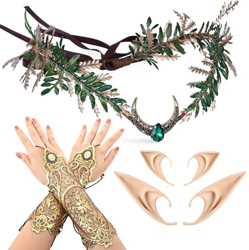MOSTORY Elfenkrone Elfenohren Set für Renaissance Kostüm Damen, Mittelalterliche 4 Teile mit Fingerlose Spitze Blumenhandschuhe für Cosplay Karneval