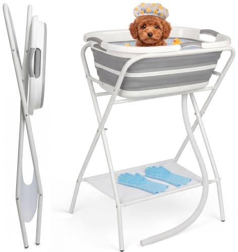 Baignoire surélevée 2 en 1 pour chiens de petite et moyenne taille | Baignoire pliable et portable pour chiens et chats - Toilettage - Douche - Avec drain intégré et gant de bain