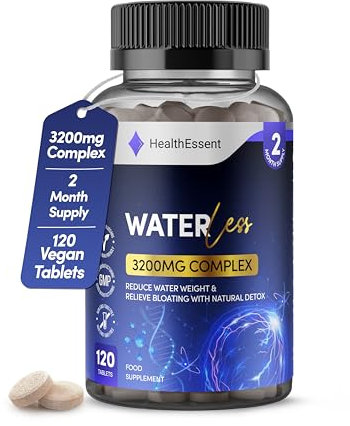 WaterLess 3200mg - Water Retention Tablets for Women & Men - Relieve Bloating and Digestion with Natural Detox - High Strength Dandelion Root - 120 Vegan Tablets by HealthEssent