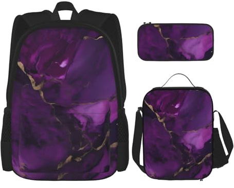 OXKGHHO Juego de mochila de trabajo con estampado de mármol y textura morada oscura con lonchera aislada, correas ajustables, para gimnasio y uso diario, Negro -, Talla única