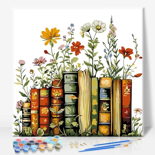 Paint by Numbers for Adults with Frame - Vintage Books Floral 10x10 Inch | Easy HD Colour Canvas with Frame, Acrylic Paint Set, DIY Wall Art, Stress Relief Hobby, Home Decor, Craft Gift for Beginners