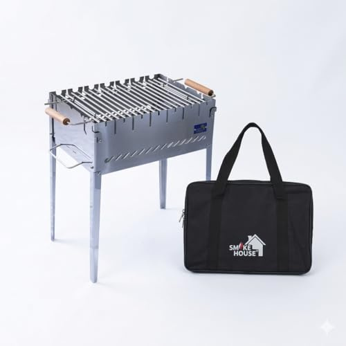 Grill-Mangal „Holz & Grill Rapp Case 6 Deluxe“ – klappbarer Edelstahl-Holzkohlegrill für 6 Spieße – inkl. Grillrost mit Holzgriffen & Tragetasche
