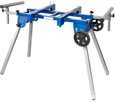 Compact Folding Miter Saw Stand with Adjustable Width, Quick Release Mounting Brackets, Rollers, and End Stops for Efficient and Repeat Cutting