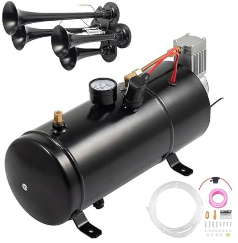 TOTEBOX 12V Train Air Horn Kit with 4 Trumpet, Air Compressor Kit 3L Tank Air System