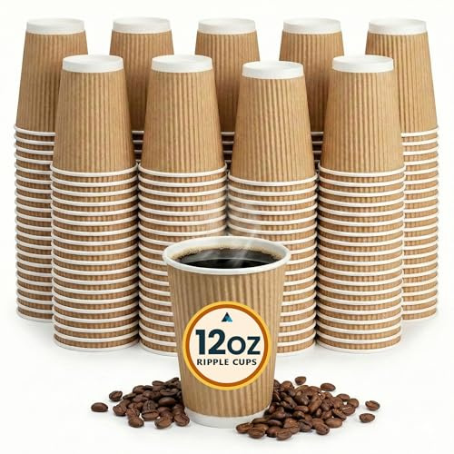 Nationwide Paper Coffee Cups 12oz (355ml) Brown Ripple Triple-Wall Insulated Disposable Cups for Hot Drinks, Takeaway Coffee, Tea and Espresso, Cafe, Catering, Office and Events (Pack of 200)