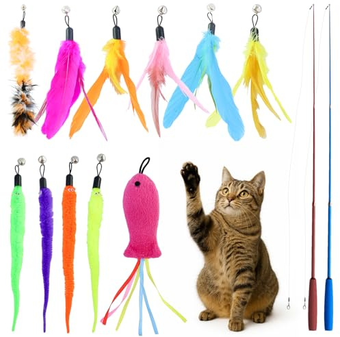 13 Pezzi Giochi con Piume per Gatto,Teaser Retrattile con Teaser di Ricambio e Campana，Interattivi Gatti Giocattolo Ricambio