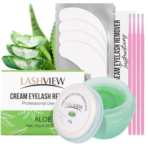 LASHVIEW Wimpernextensions-Entfernungscreme Sanfte Aloe-Formel, Wimper-Entferner-Set mit Augenpads & Watte stäbchen (10g)