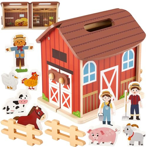 HERSITY Set Animali Fattoria in Legno Fienile Giocattolo, Casa Fattoria per Bambini può Essere Aperto e Chiuso, Giochi Educativo Regalo per Ragazzi Ragazze 3 4 5 Anni