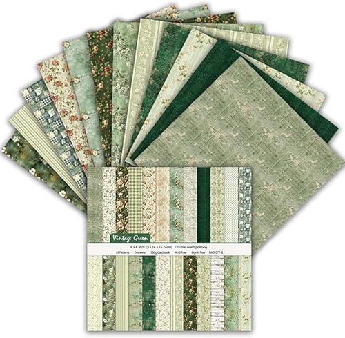 Scrapbook Papier 15x15cm Doppelseitiges Dekorpapier, 24 Blatt 160gsm Decoupage Paper Bastelpapier für Scrapbooking, Junk-Journaling und Kartenmachung, ideale Scrapbook-Zubehör (Grün)