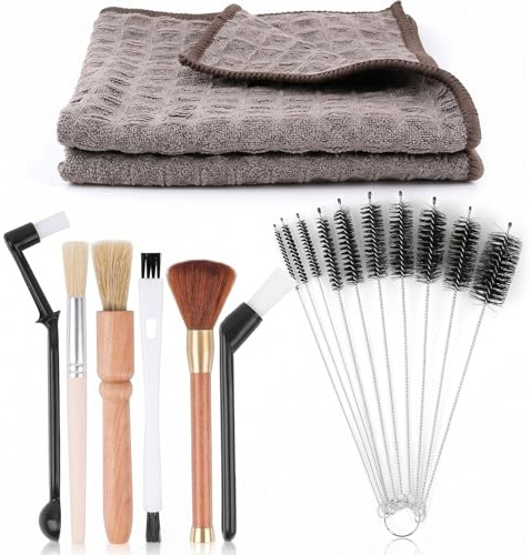 Coffee Machine Brush Set for Coffee Machine Bottle Teapot Nozzle, 18 Pcs | Espresso & Grinder Wooden Handle Brushes with Spoon,10 Pcs Thin Pipe Cleaners and 2 Cloths for Glasswares Mugs Coffee Pots