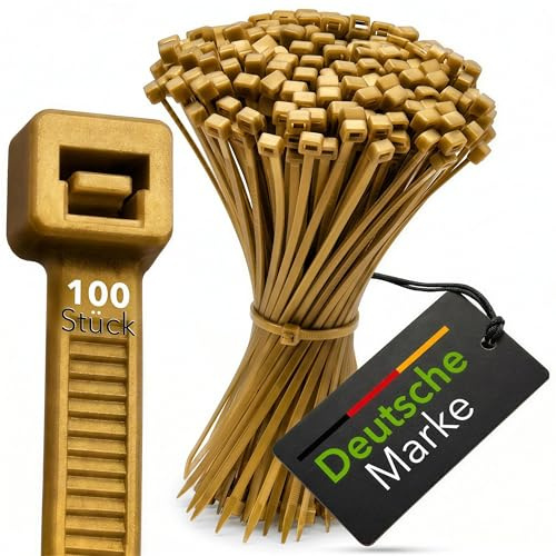 BeBo Cable Ties, Gold, 4.8 x 200 mm, Pack of 100, Stable & Versatile for Indoor and Outdoor Use, Eye-catching Cable Attachment for Home and Crafts