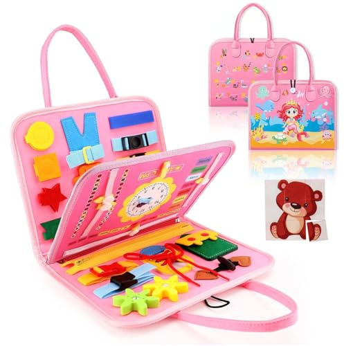 Busy Board for Toddlers, Busy Book Montessori Toys for 3 4 5 Year Old Boys Girls, Birthday Present Educational Preschool Sensory Board Toys for Fine Motor Skills Learning(pink)