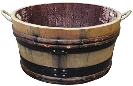 Temesso Altes Weinfass halbiert aus Eichenholz Bordeaux Rustique -als Pflanzkübel oder Miniteich (mit Halteschlaufen)