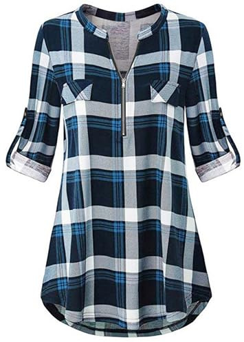 Odosalii Damen V-Ausschnitt Kariert Bluse 3/4 Ärmel Langarm Reißverschluss Tunika Longshirt Hemd Tops T-Shirt, L, A_blau Kariert