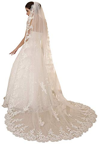 EllieHouse Women's Wedding Veils 1 Tier White Ivory 3M/4M/5M Lace Long Train Bridal Veil with Comb S114
