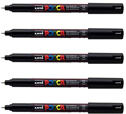 POSCA Uni Mitsubishi Pencil – 5 schwarze Marker, PC1MR, extrafeine Spitze, 0,7 mm – Farbmarker auf Wasserbasis – für Papier, Textilien, Glas, Kieselsteine usw.