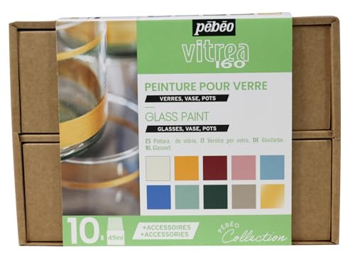 Pébéo - Cofanetto Collezione Vitrea 160 - Set per Pittura su Vetro - Decorazione Vetro - 10 Flaconi da 45 ml - Colori Assortiti 1 + Tubetto Cerne Relief Oro 20 ml + Accessori + Guida Creativa