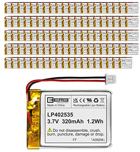 EEMB Lithium Polymer battery 3.7V 320mAh 402535 Lipo Rechargeable Battery Pack with wire Molex Connector for Headphones and Dashcam-confirm device & connector polarity before purchase(100)