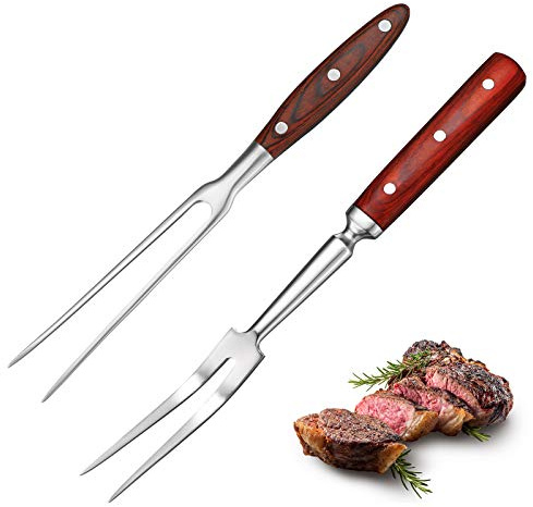 Patelai 2 Pcs Carving Meat Forks 12 in and 14 in Kitchen Stainless Steel Serving Grilling Beef Forks with Wooden Handle Xmas Large Cooking Forged Set for Home Family Party Roast BBQ Tools