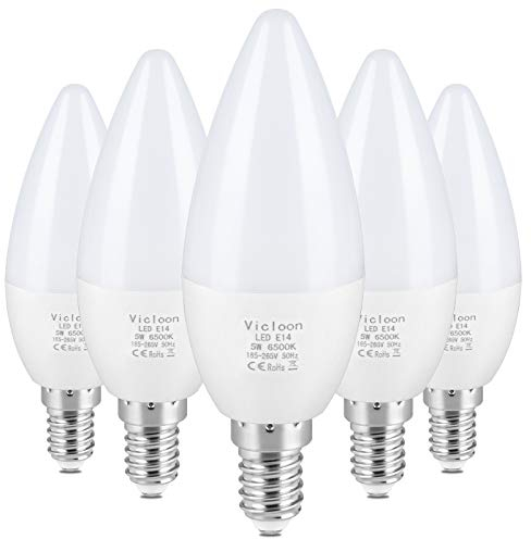 Vicloon Lampadine LED Candela, 5Pcs LED E14 Lampadine a Candela, 5.5W Equivalenti a 40W Lampadina a Incandescenza, 50W Lampadina Alogena, Bianca Freddo 6500K, 500LM, CRI>85+, C37, Non Dimmerabile