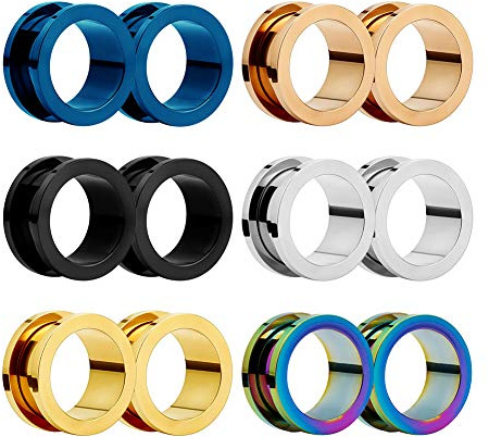 Huacan Ohrtunnel-Plugs, 6 mm, 12 Stück, Flesh Tunnel, Edelstahl, doppelt ausgestellt, verschraubt für Body Piercing