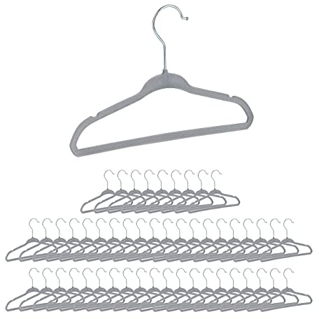 50 x Kinderkleiderbügel Samt, rutschfeste Kleiderbügel, Steg & Kerben, Mädchen & Jungen, drehbar, Kinderbügel, grau