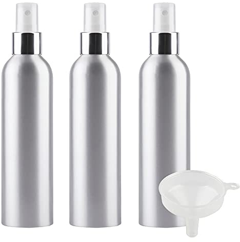 TIANZD 3 Pièces Portable Vide Flacon Aluminium 250 ml avec Bouchon Pompe Spray Blanc/Argent Vaporisateur Bouteille pour l'eau Parfum Cosmétique Cheveux Voyage Rechargeable, 1 Pièce Entonnoir